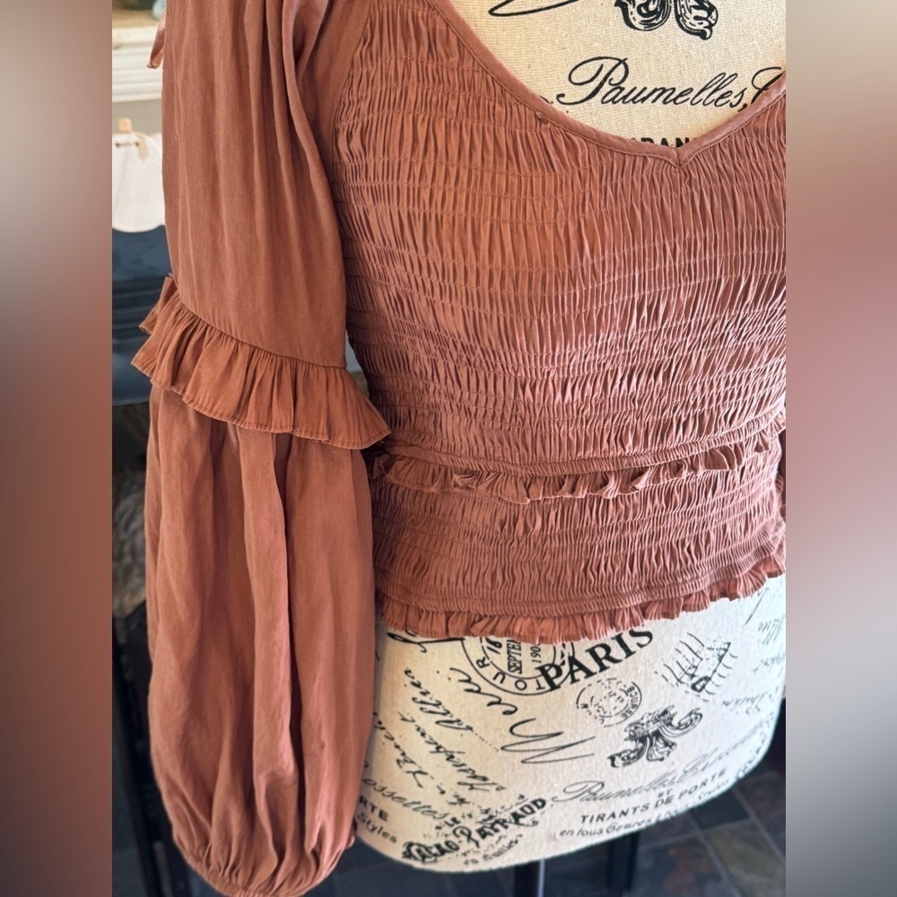 Mustard Seed Ruched Fall Bubble Blouse Ruffle Sleeve Autumn Fall Women’s Small - Picture 2 of 7